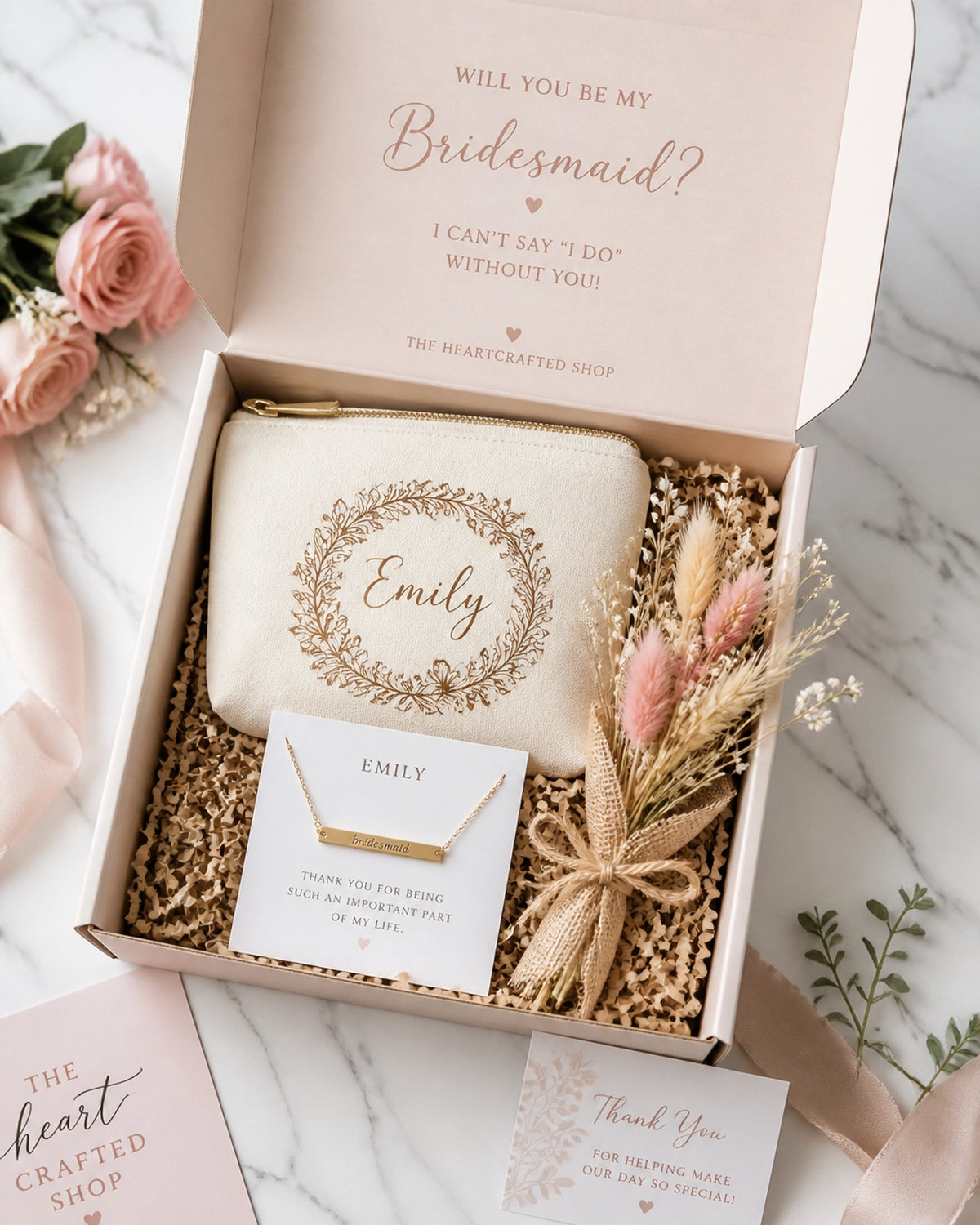 Personalized bridesmaid proposal gift box with a custom necklace