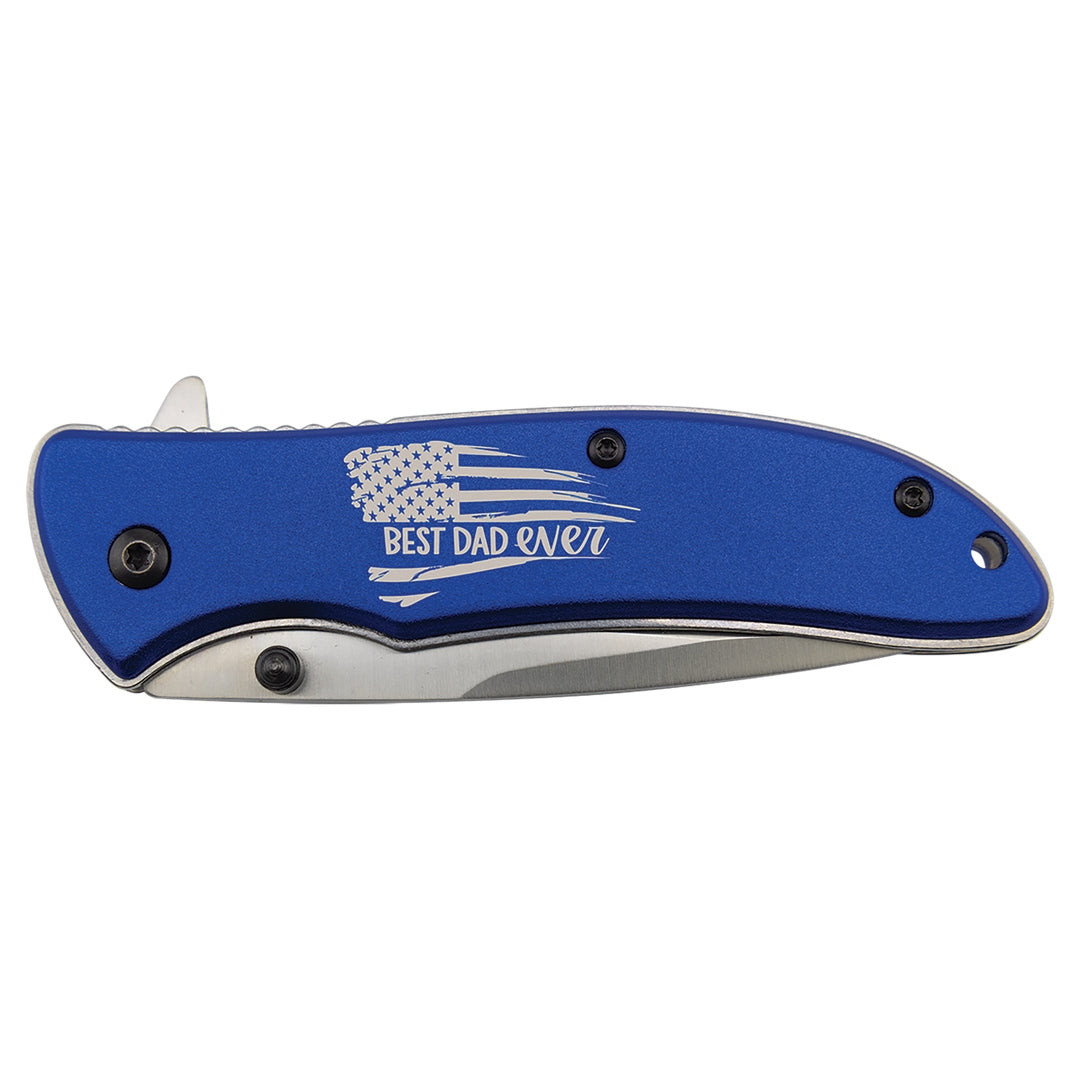Personalized engraved pocket knife with blue aluminum handle, laser engraved Best Dad Ever with flag design