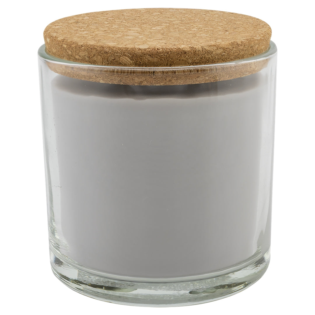 Personalized laser-etched glass candle with cork lid, blank gray wax
