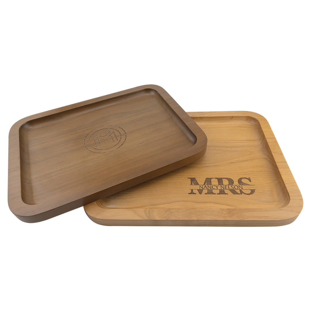 Personalized wood catch-all valet trays in walnut and maple with engraved monogram examples