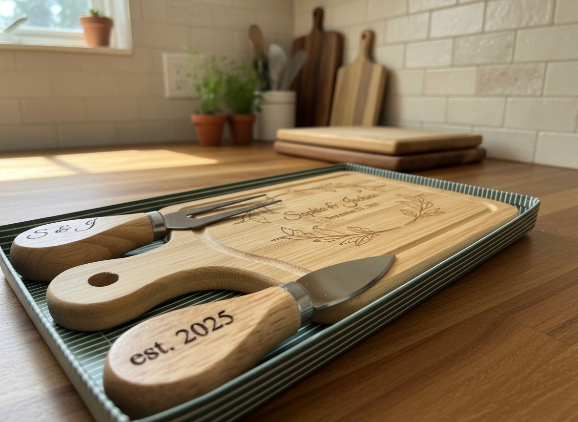 wooden cutting board and knives as a hero banner for a website