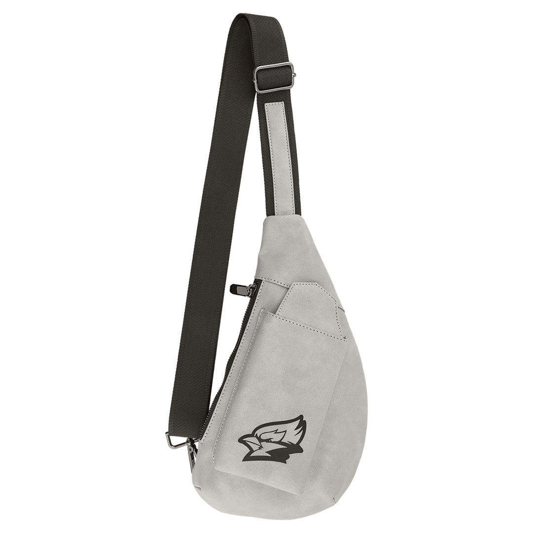 Personalized leather sling bag in gray with eagle logo engraving