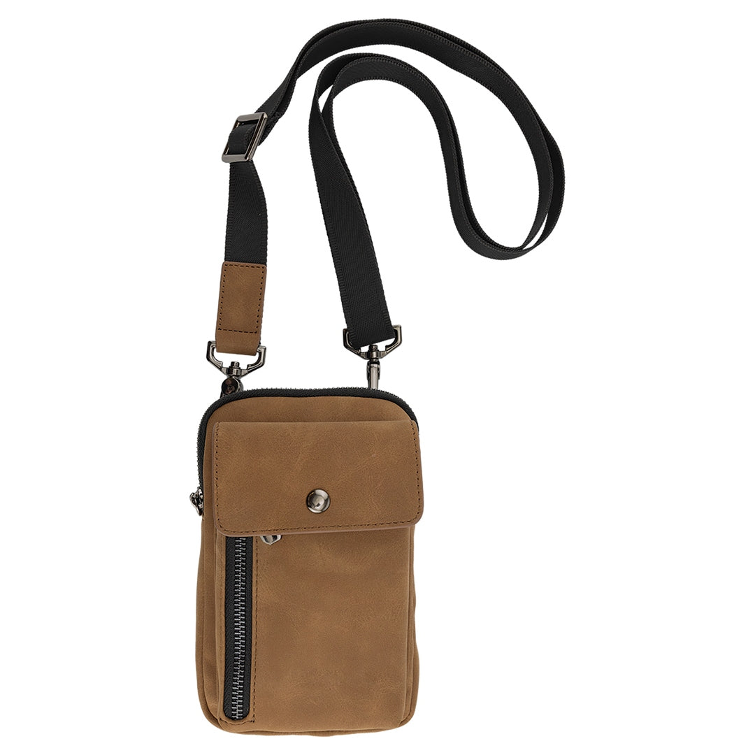 Personalized leather crossbody phone wallet in camel/tan, blank