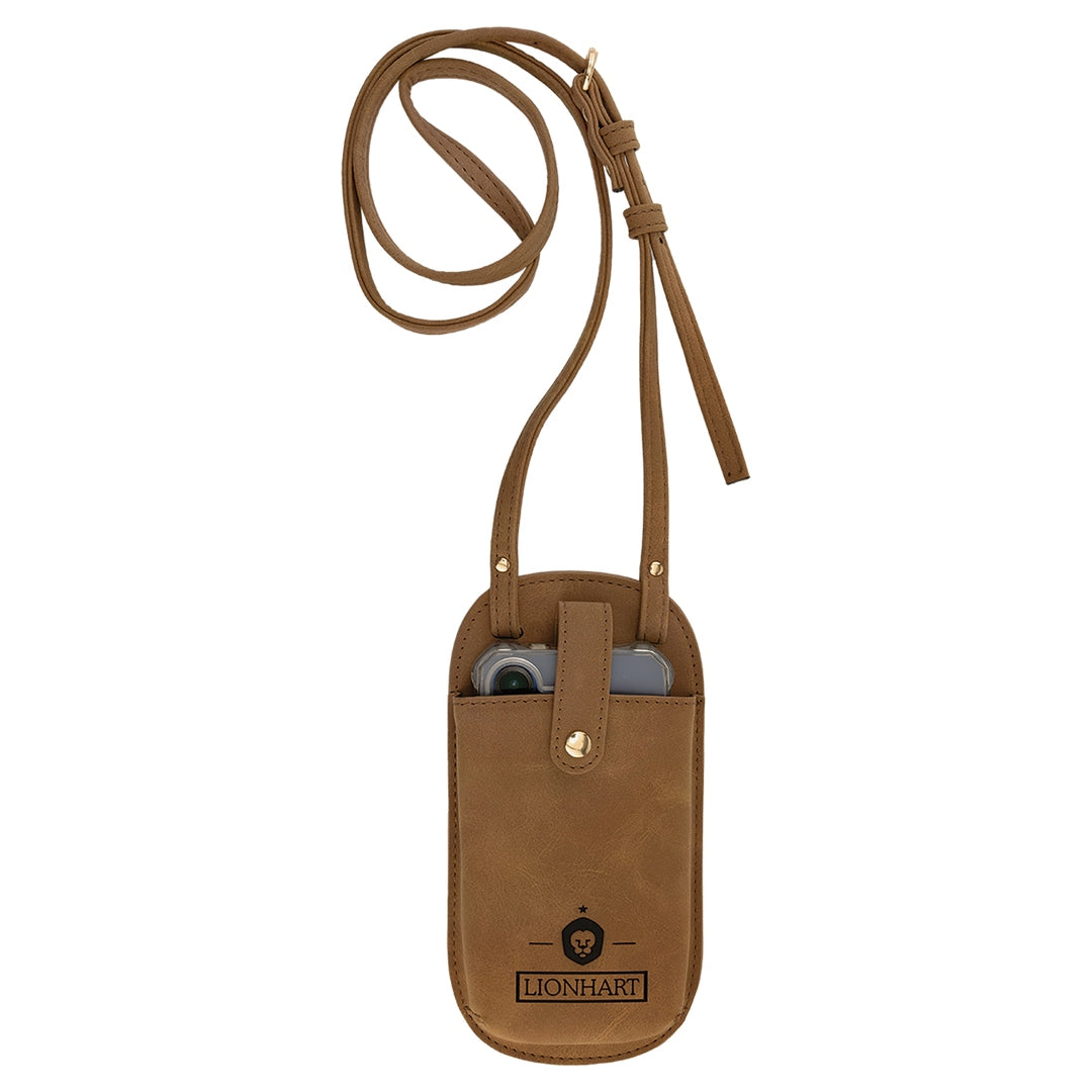 Personalized leather phone crossbody pouch in camel with custom name engraving