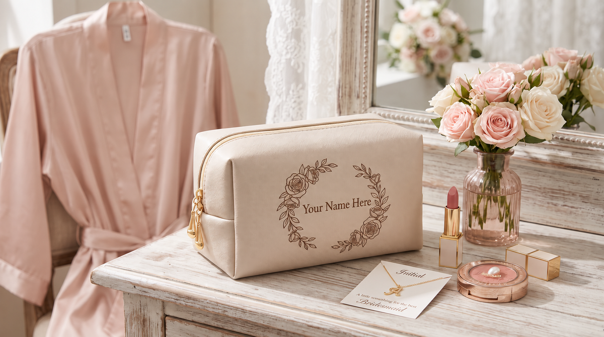 Beige cosmetic bag personalized with Your Name Here