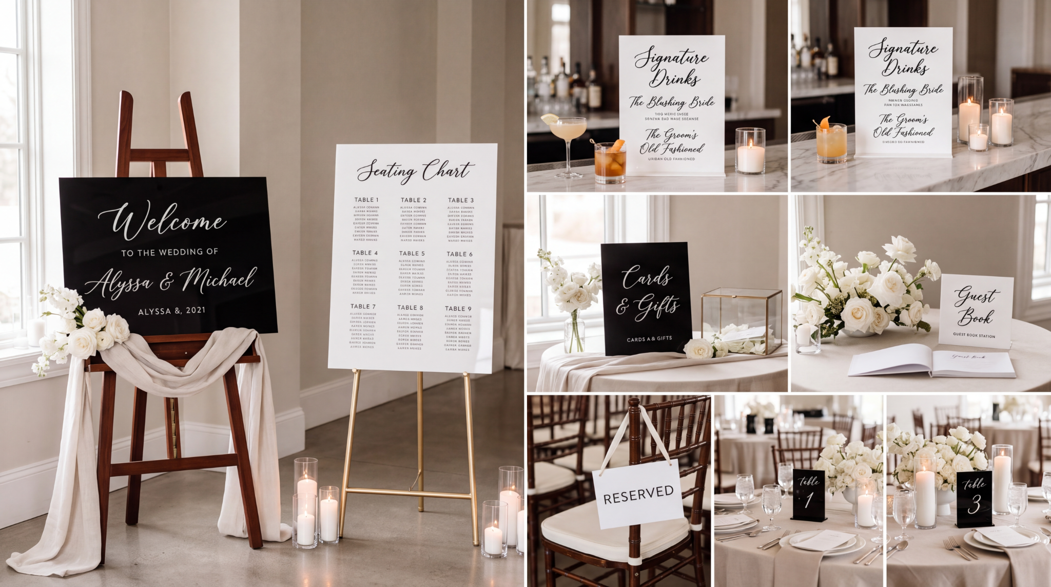 Elegant black and white acrylic wedding signage styled for The Essential Signage Suite