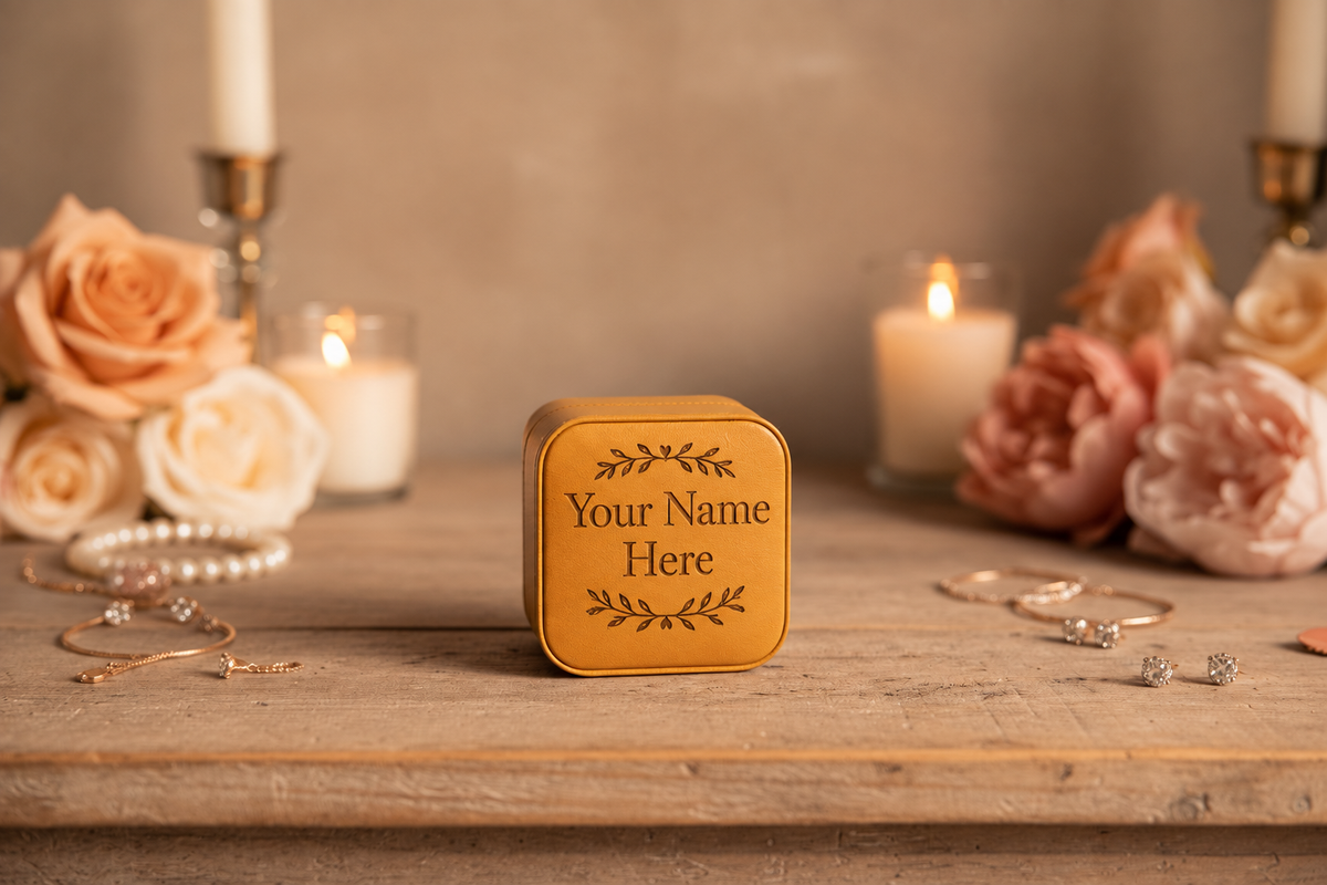 Tan jewelry box personalized with Your Name Here