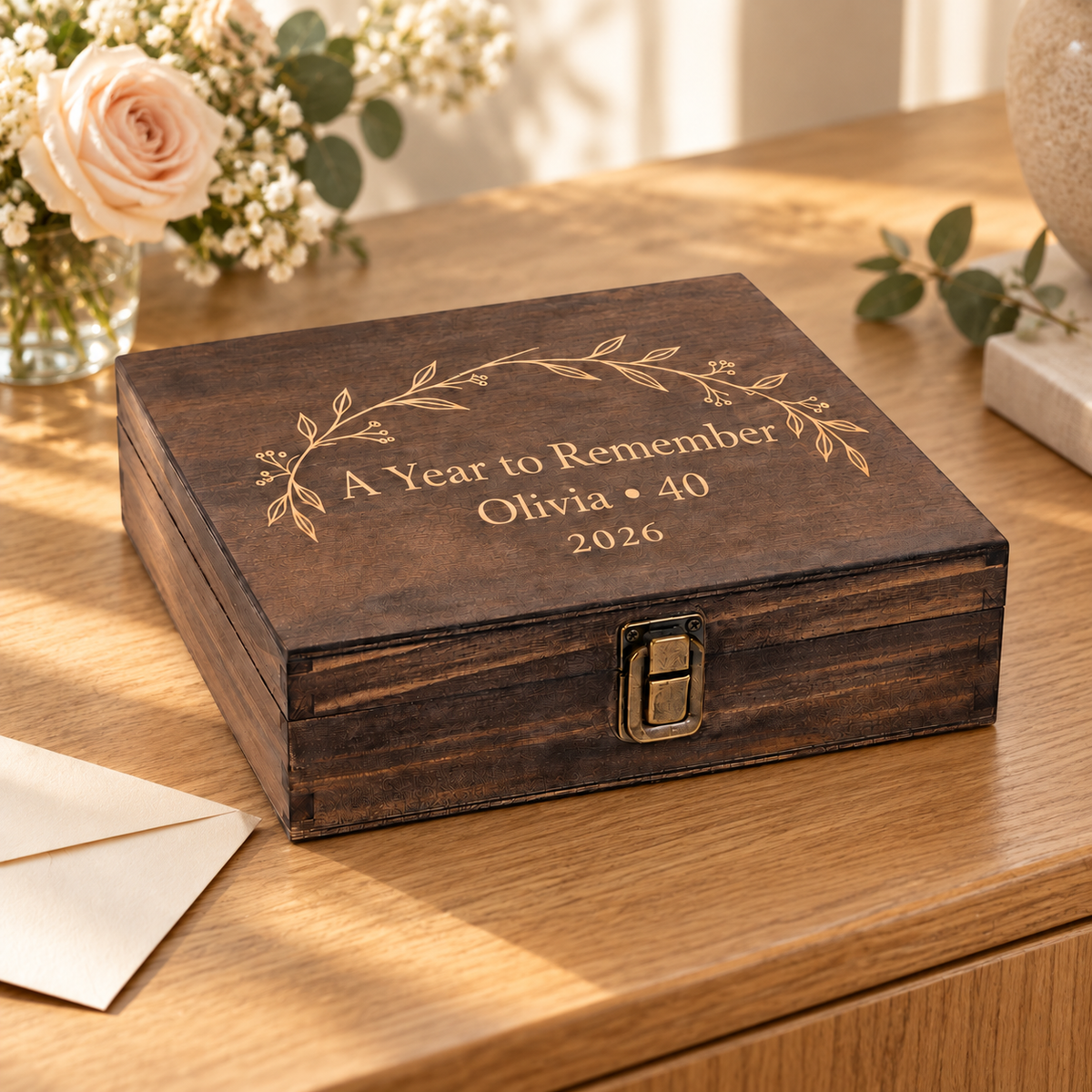 A Year to Remember — Personalized Birthday Keepsake Box — engraved Single Medium wooden keepsake box in a lifestyle setting