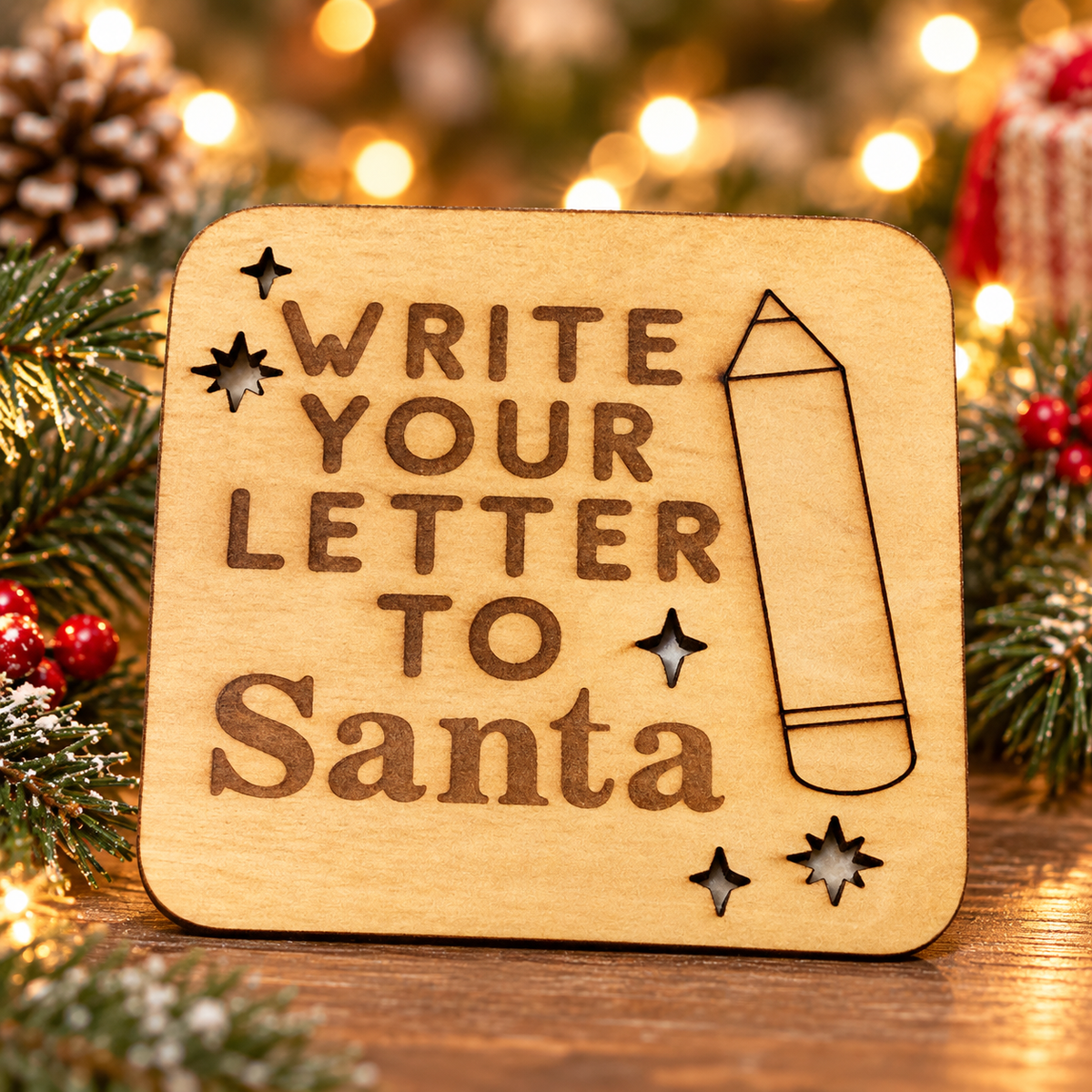 Lifestyle concept showing the engraved wooden Christmas Helper prop in a cozy festive setting; refer to original product photo for actual engraving and cut details