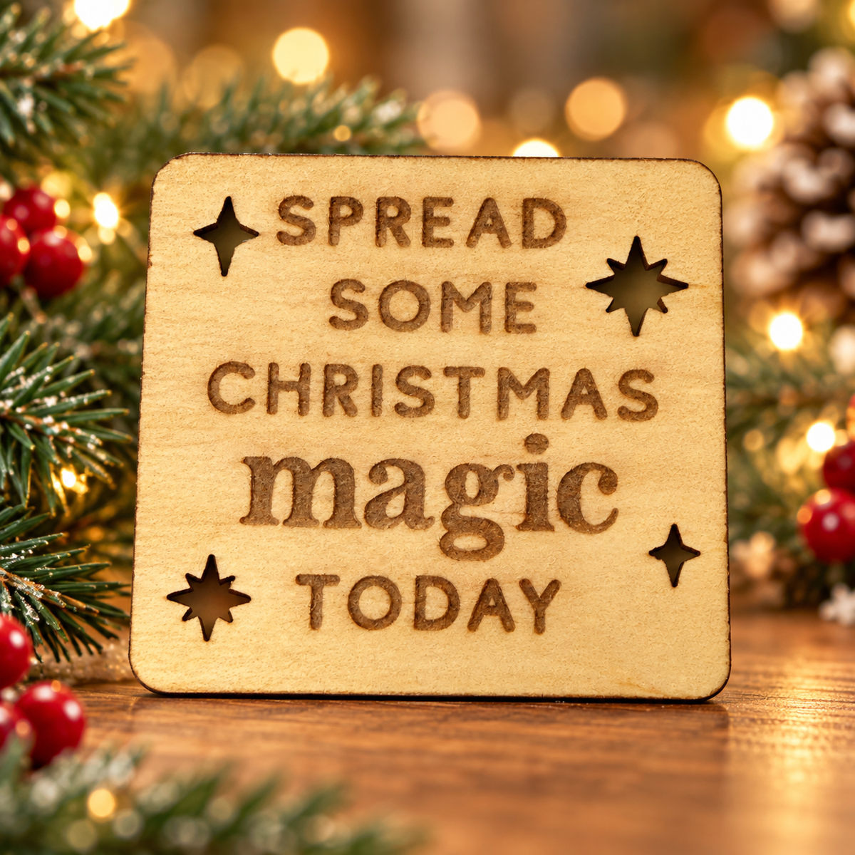 Lifestyle concept showing the engraved wooden Christmas Helper prop in a cozy festive setting; refer to original product photo for actual engraving and cut details