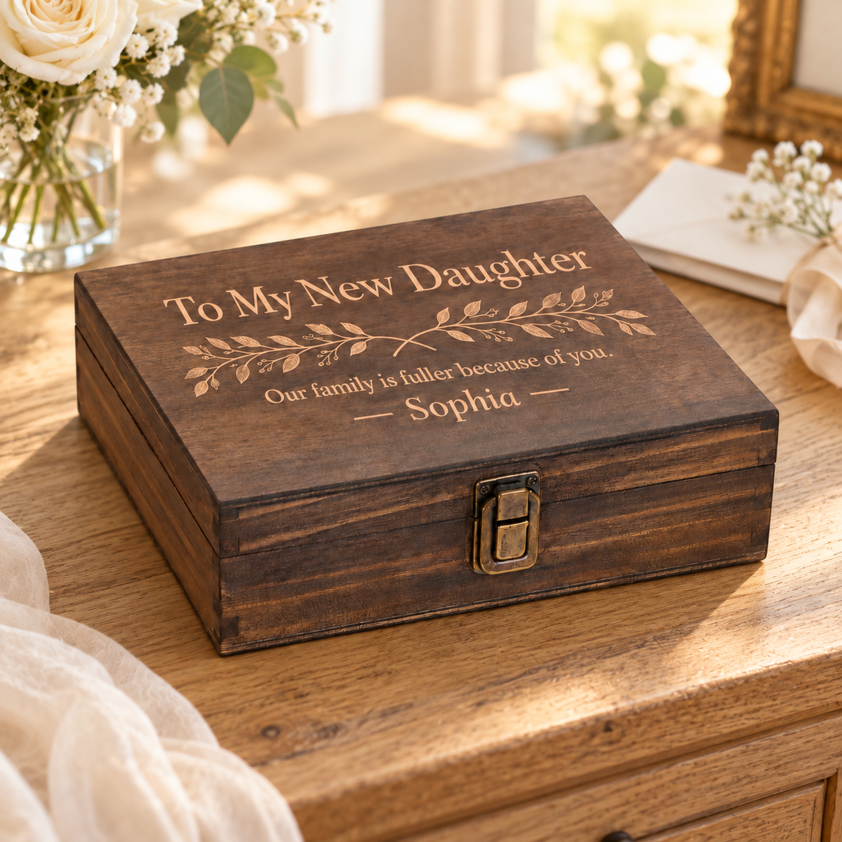 To My New Daughter — Daughter-in-Law Keepsake Box — engraved Single Medium wooden keepsake box in a lifestyle setting