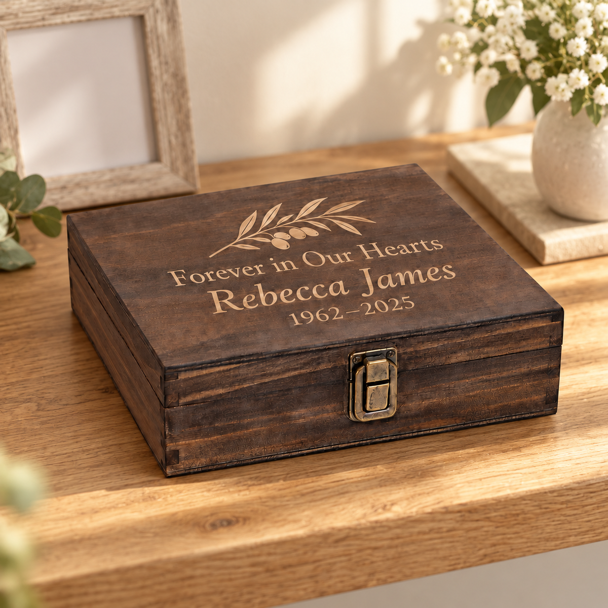 Forever in Our Hearts — Personalized Memorial Keepsake Box — engraved Single Medium wooden keepsake box in a lifestyle setting