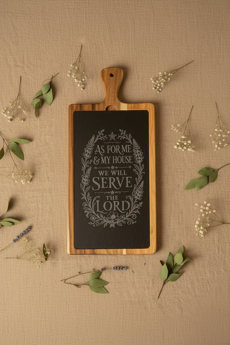As for Me & My House Engraved Acacia Slate Serving Board – portrait product view