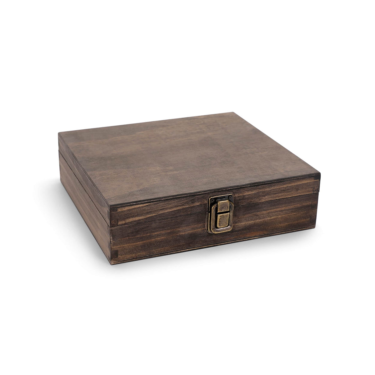 Actual single medium wooden gift box, closed, showing dark wood finish, corner joints and front latch