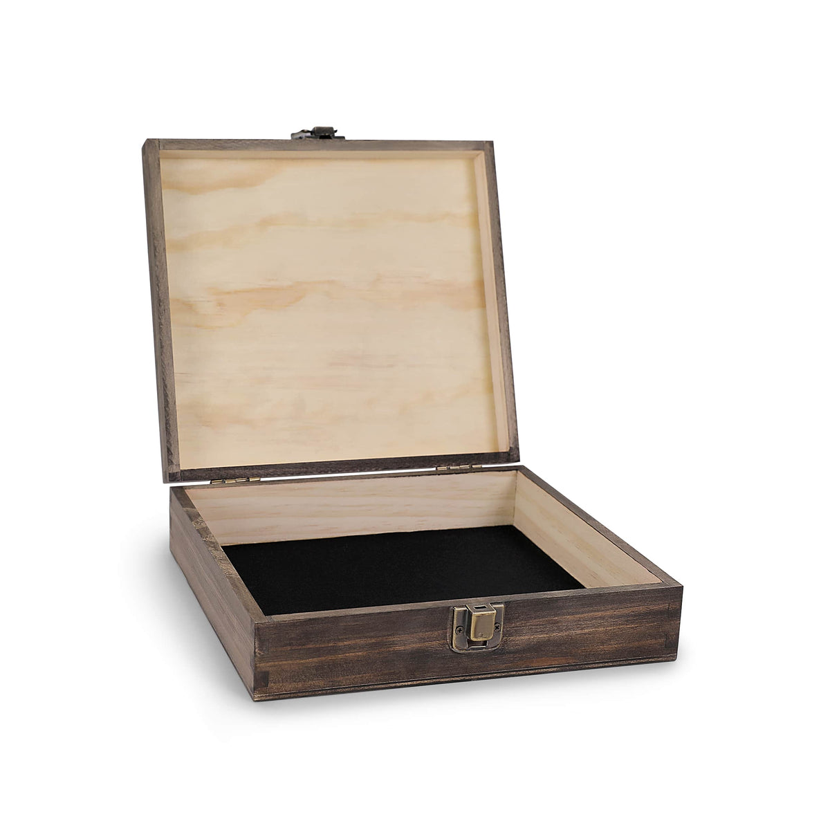 Actual single medium wooden gift box, open, showing natural wood interior, black-lined base and rear hinges
