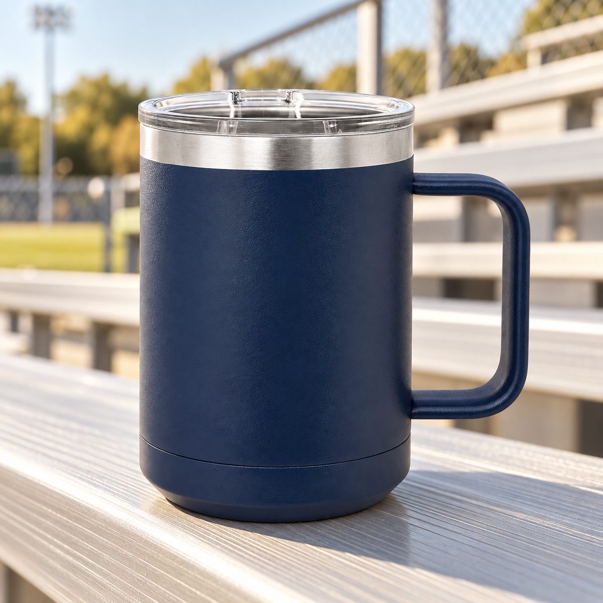 Blank navy handled mug on clean school bleachers