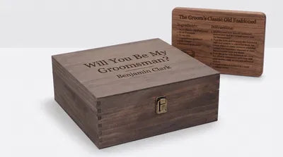 Personalized wooden groomsman proposal box engraved with a name and wedding message