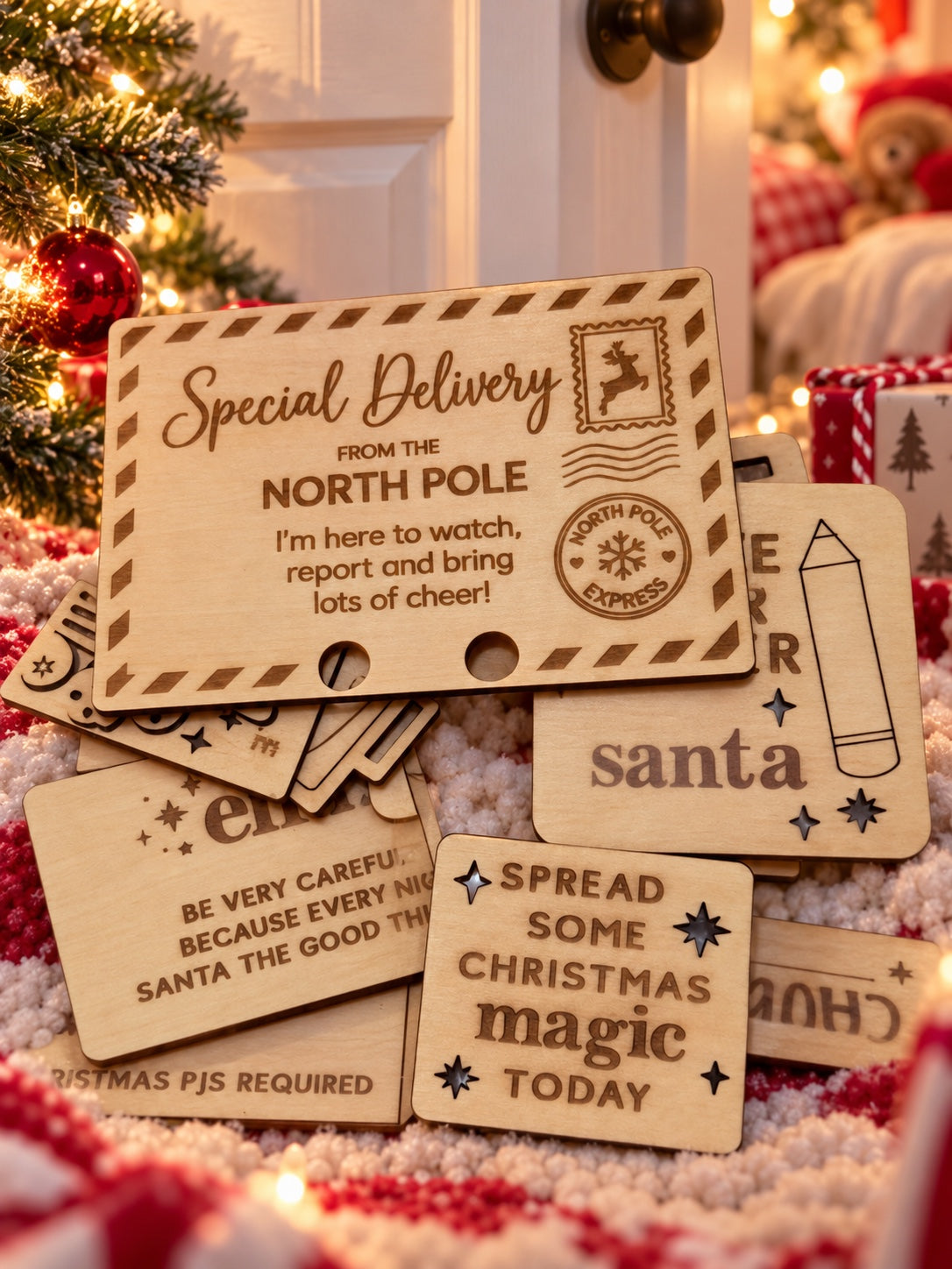Wooden Christmas activity tokens inside the keepsake box