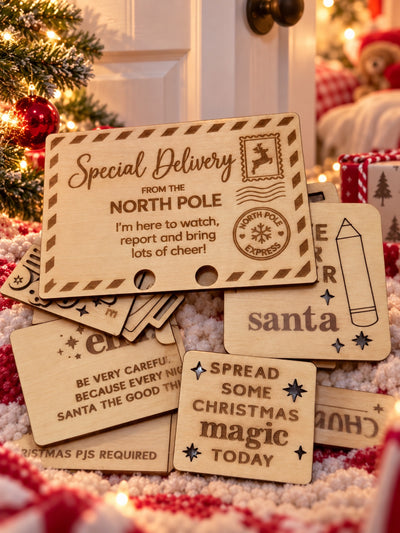 Wooden Christmas activity tokens inside the keepsake box