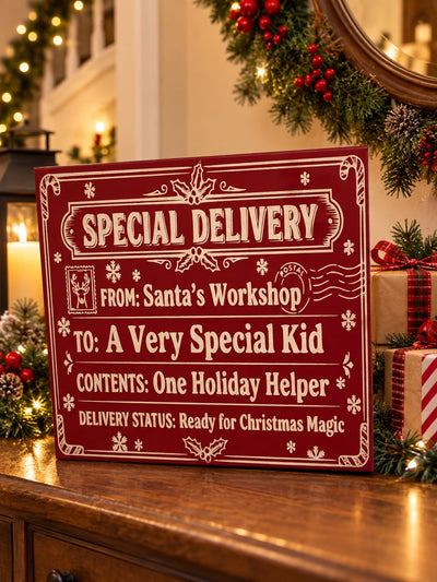 Burgundy special delivery Christmas box lid from Santa's workshop
