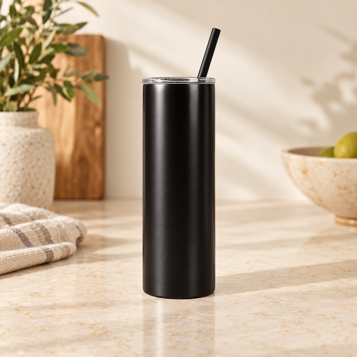 Blank black 20 oz skinny tumbler on a warm neutral counter