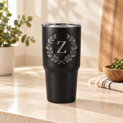 Black 30 oz laser-engraved tumbler with botanical Z monogram