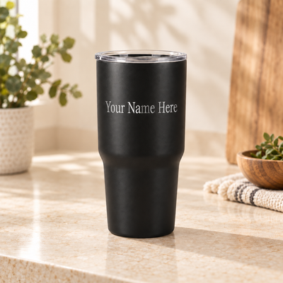 Black 30 oz laser-engraved tumbler personalized with Your Name Here