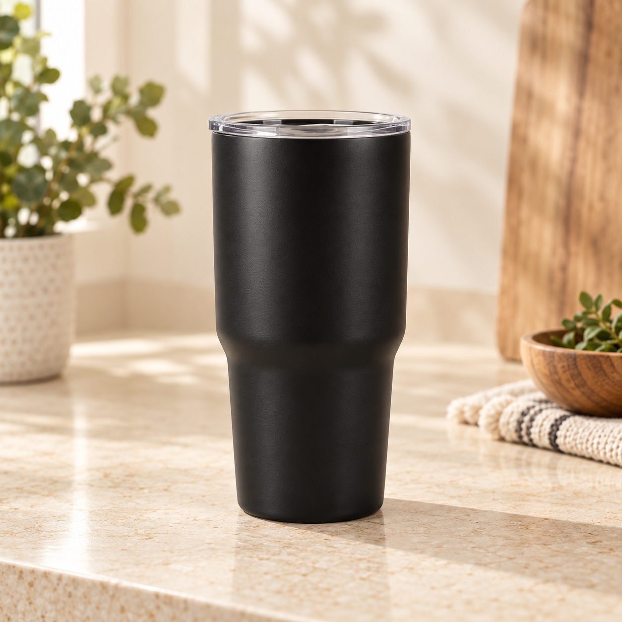 Blank black 30 oz tapered tumbler on a warm neutral counter