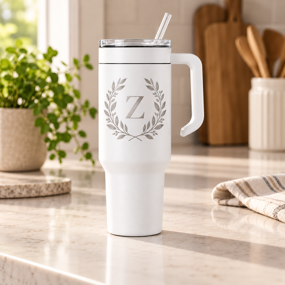 White 40 oz handled tumbler with botanical Z monogram engraving