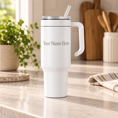 White 40 oz handled tumbler personalized with Your Name Here