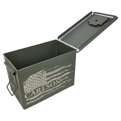 Personalized ammo can in olive drab with laser-etched flag and custom name