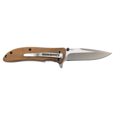 Personalized engraved pocket knife with natural wood handle, laser-engraved with a custom name