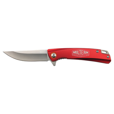 Personalized engraved pocket knife with red aluminum handle, laser engraved with company name