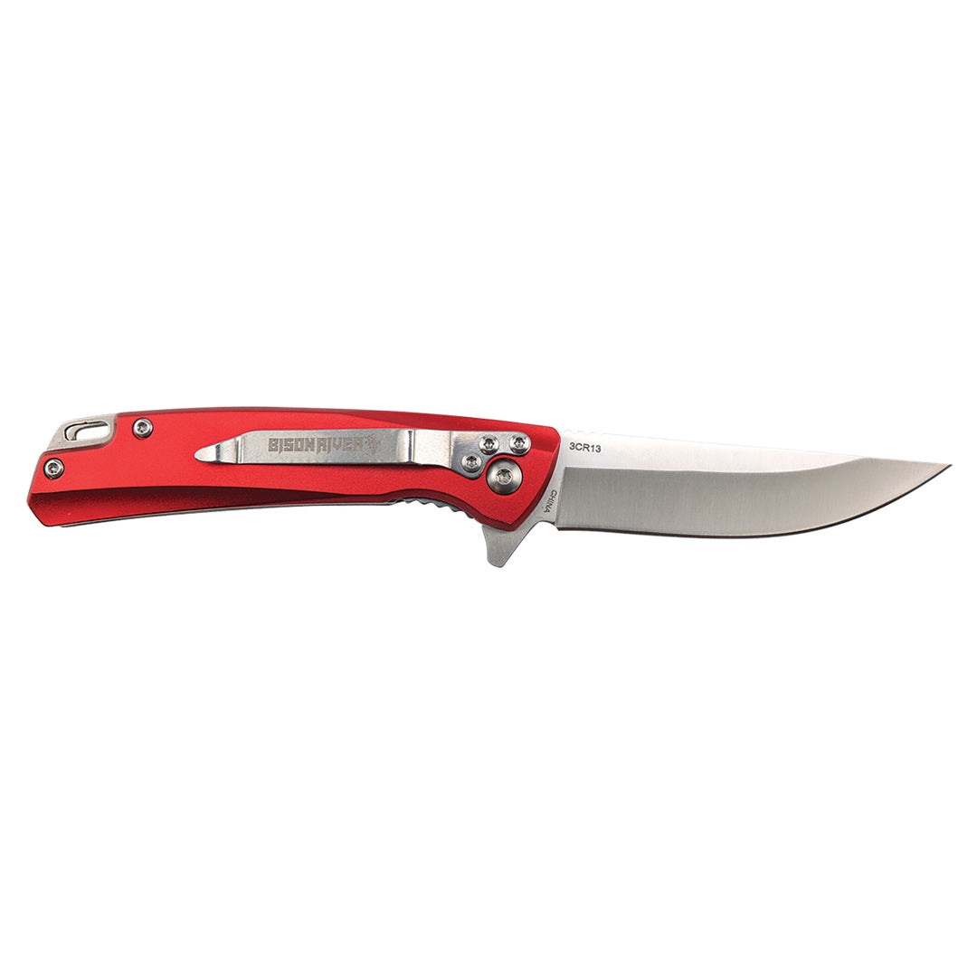 Personalized engraved pocket knife with red aluminum handle, close-up of engraving