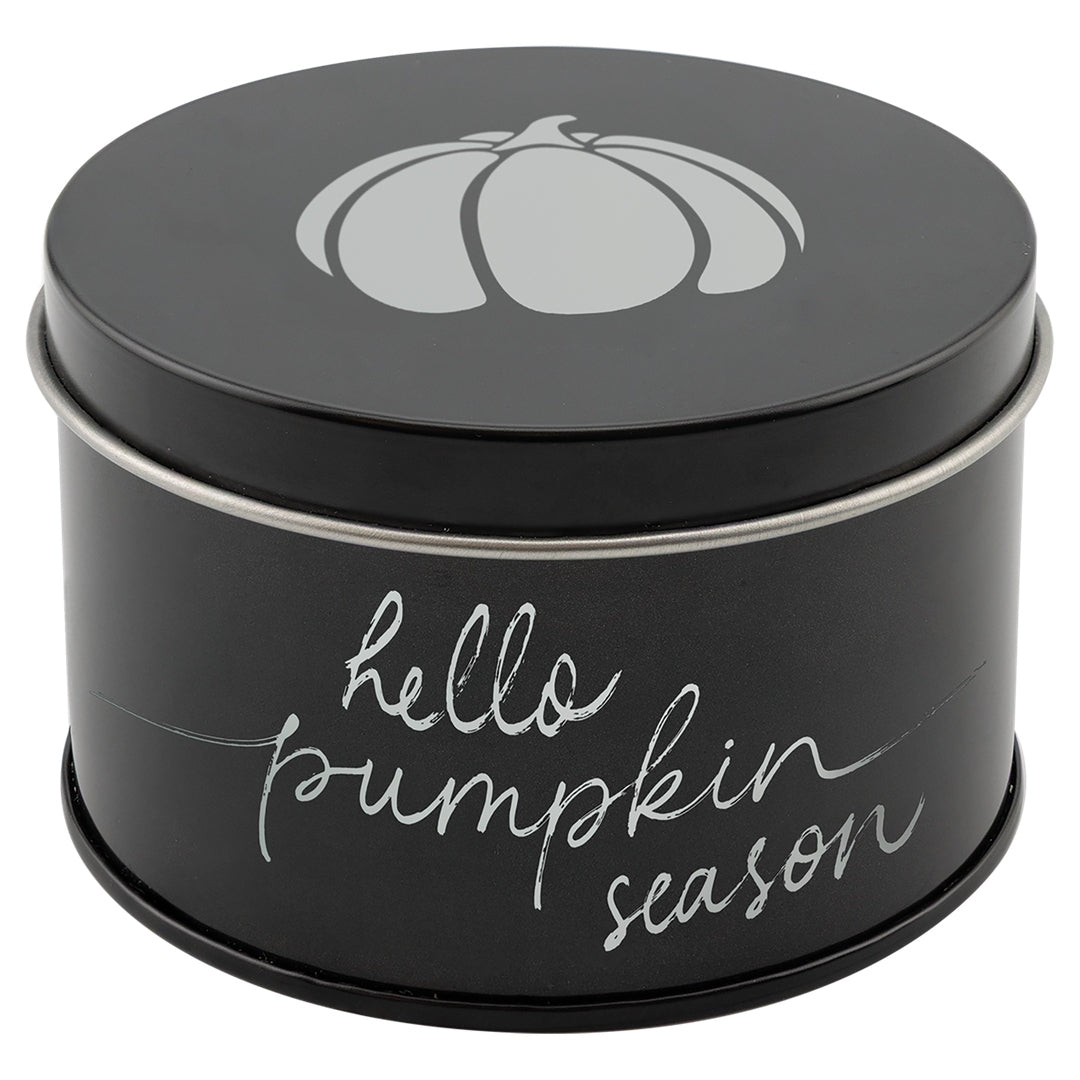Hello Pumpkin Season tin candle with seasonal graphic design