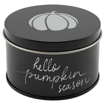 Hello Pumpkin Season tin candle with seasonal graphic design