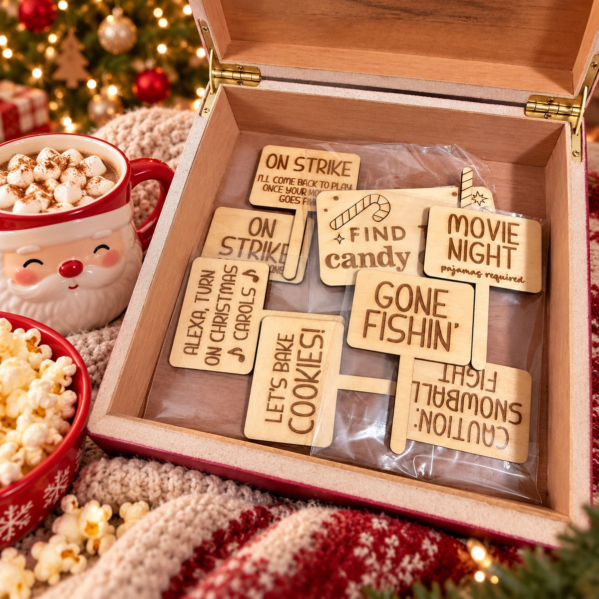 Christmas activity keepsake box with wooden activity tokens