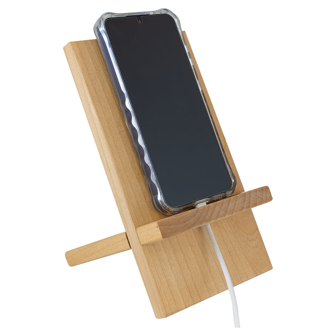 Personalized wood phone charging stand with built-in cable channel, blank