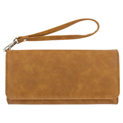 Personalized leather wristlet wallet in camel with wrist strap, blank