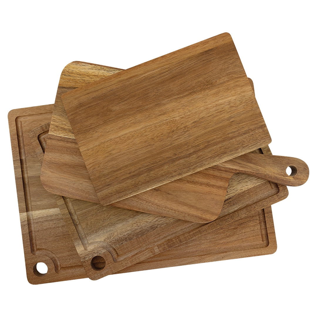 Personalized engraved wood cutting boards shown in rectangle, square, paddle, and mini shapes