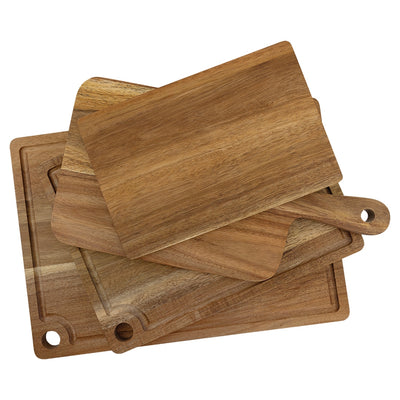 Personalized engraved wood cutting boards shown in rectangle, square, paddle, and mini shapes