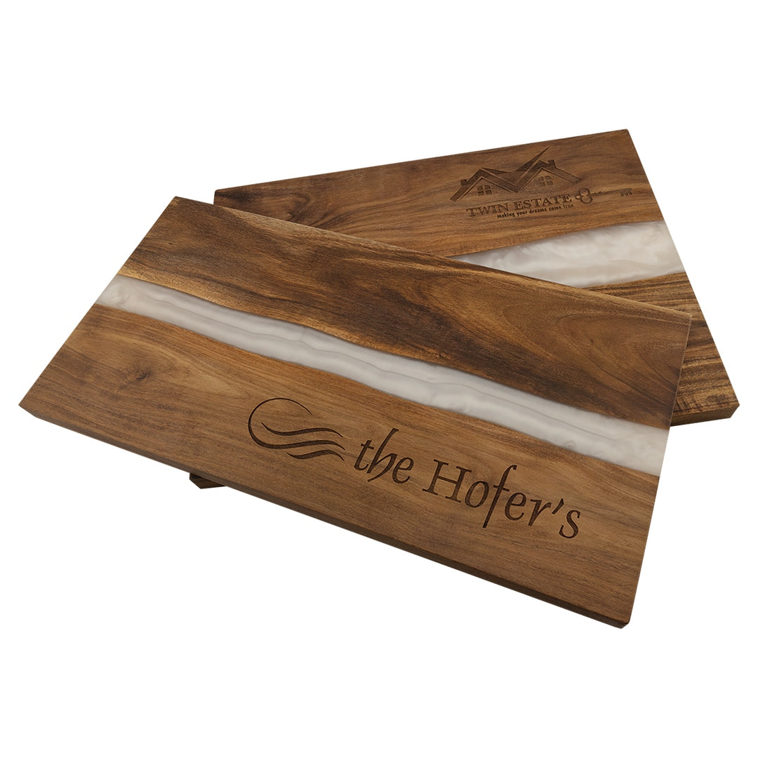 Personalized resin river wood serving boards with laser-engraved family name and logo examples