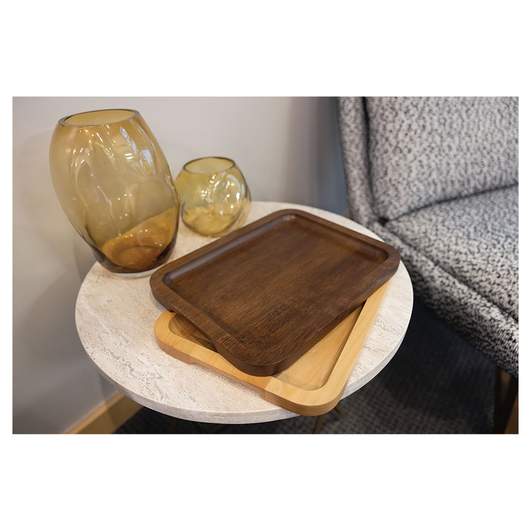 Personalized wood catch-all valet tray, styled lifestyle shot showing two finishes