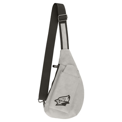 Personalized leather sling bag in gray with eagle logo engraving