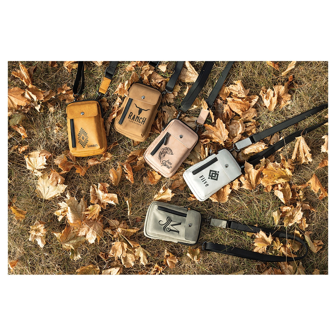 Personalized leather crossbody phone wallets in five colorways: mustard, tan, blush, white, and olive/sage