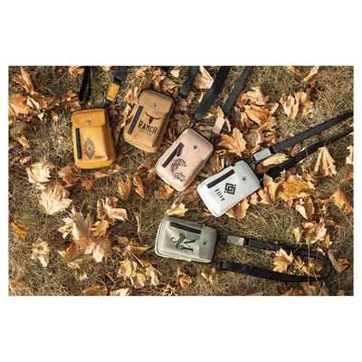 Personalized leather crossbody phone wallets in five colorways: mustard, tan, blush, white, and olive/sage