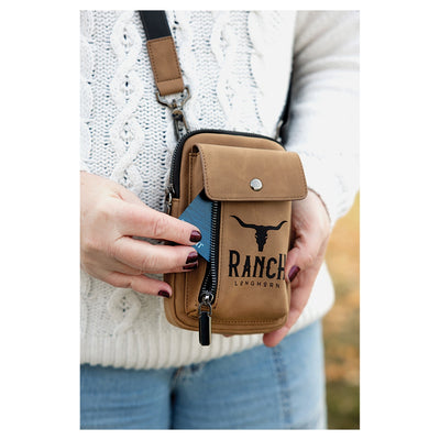 Personalized leather crossbody phone wallet in camel/tan, side card pocket detail