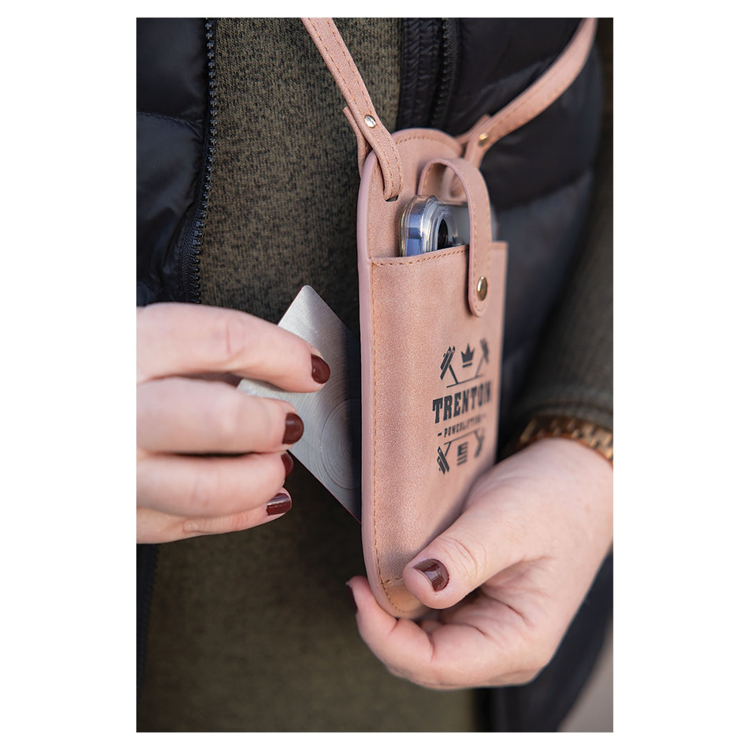 Personalized leather phone crossbody pouch in blush with custom team name