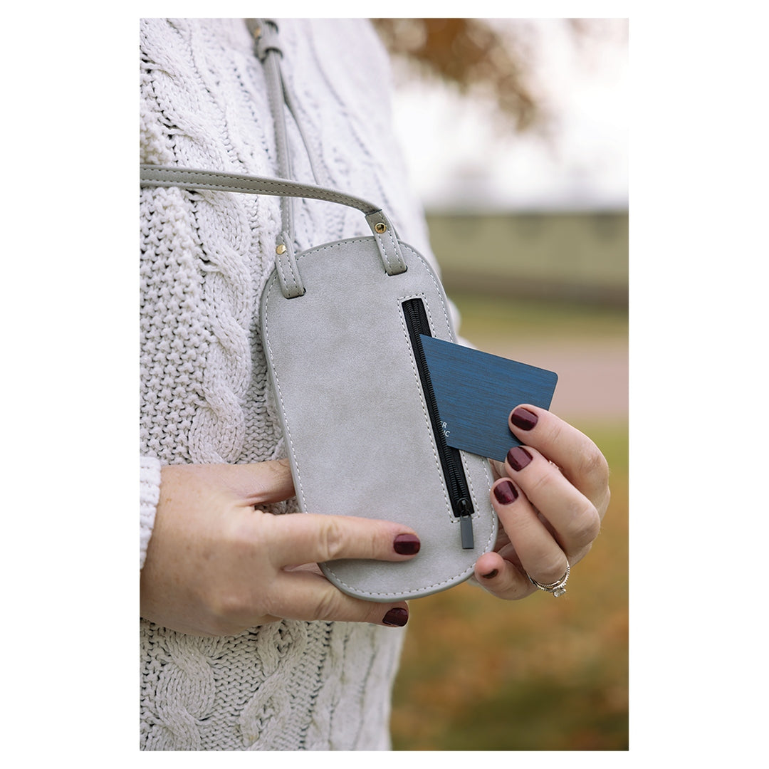 Personalized leather phone crossbody pouch in gray, card slot detail