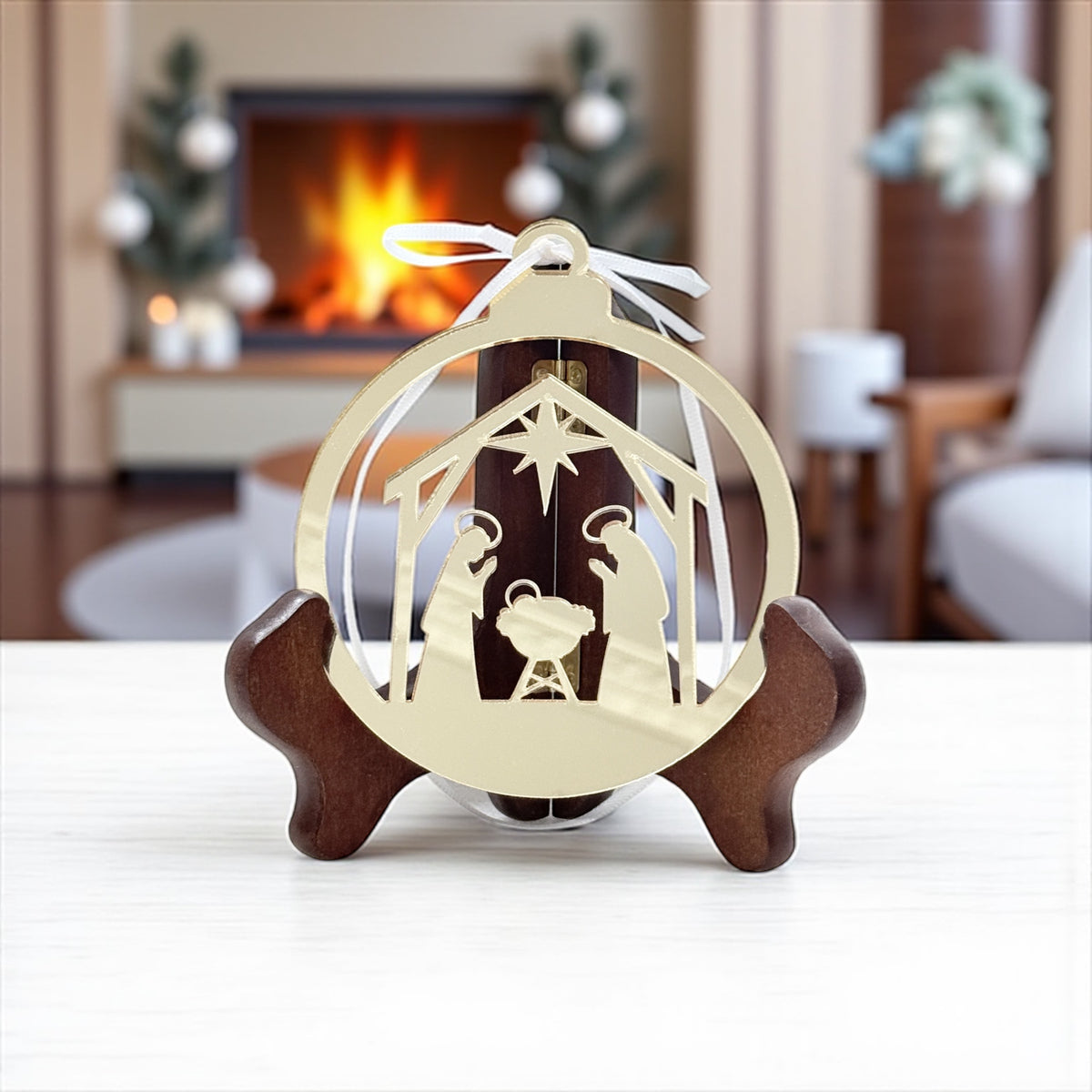 Gold acrylic nativity scene Christmas ornament